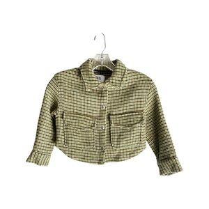 Zara Kids 6-7 Green Plaid Tweed Button Snap Jacket pea green, mustard, turquios